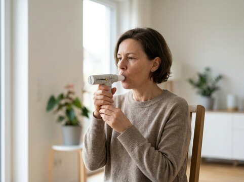 Peak flow meter breathing test shows asthma monitoring lung function tracking respiratory self care and airway support concept for clinic marketing and healthcare stock use daily