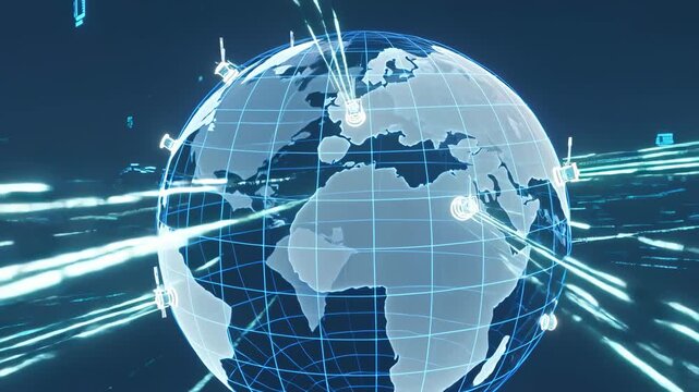 Futuristic digital globe displaying interconnected global data networks, technology streams, and advanced connectivity visualization