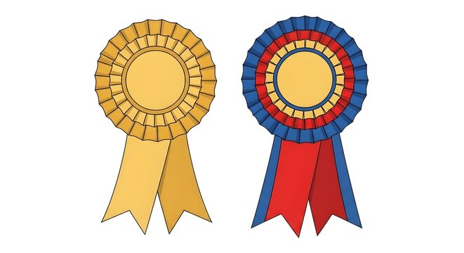 金色のロゼットと青と赤のストライプのリボンが付いたロゼットの2つの賞のメダル ribbon rosette medal prize winner