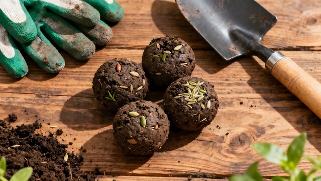 Wildflower seed bombs on a wooden table with garden gloves and trowel