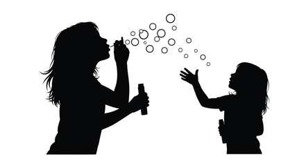 Mother and child blowing bubbles a striking black silhouette © Hiron