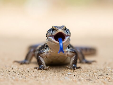 Blue-tongued skink lizard with open mouth showing its bright blue tong