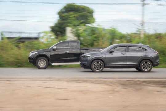 Nakhonsawan, Thailand - Oct, 2025: Honda HR-V e:HEV, A gray car to speed running on the highway, on October 24, 2025, at Nakhon Sawan, Thailand.