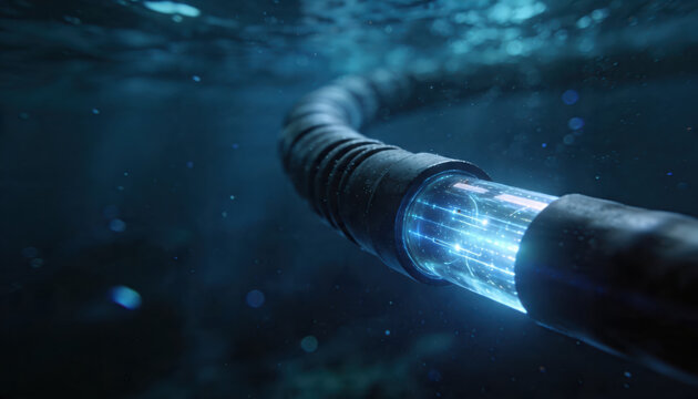 Underwater cable glowing with intense blue light transmits essential digital data. Modern technology facilitates global high speed communication