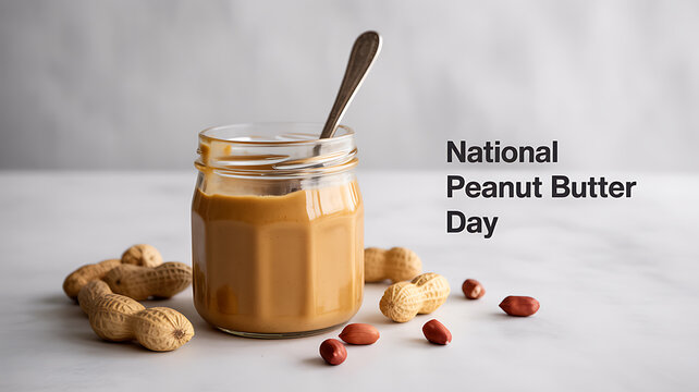 A jar of peanut butter with a spoon and scattered peanuts on a marble surface, celebrating National Peanut Butter Day