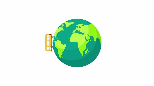 Bus around the world animation. Road trip concept