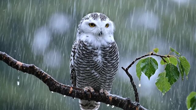 Owl sitting on a branch rain.