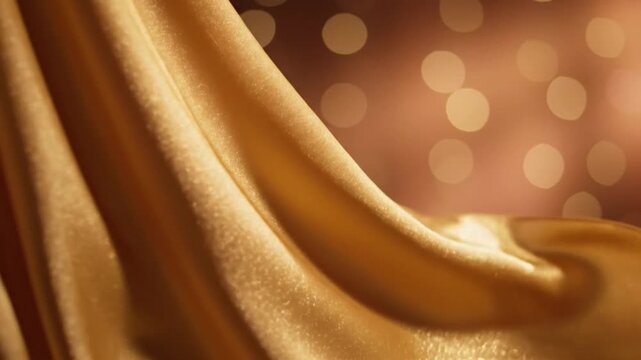 Golden fabric with bokeh lights in the background for luxury or celebration themes