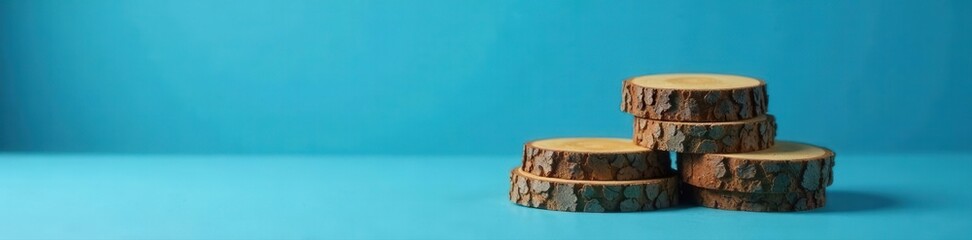 Naklejka premium Stacked pine wood discs, blue background, product showcase , display, commerce