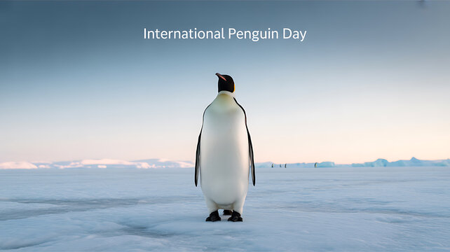 A penguin standing on ice in a snowy landscape, facing away, with text reading 'International Penguin Day'