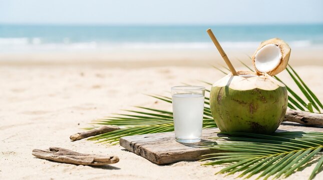 Coconut with straw and glass of juice on wooden board at beach. Refreshing tropical fruit drink for summer vacation. Exotic beverage relaxation near ocean. Healthy refreshment concept.