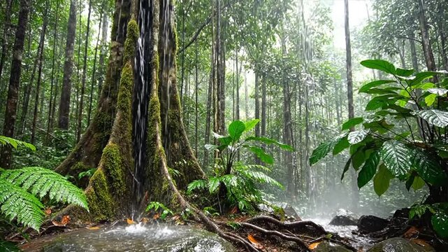 Tropical rainforest with lush greenery and mist.