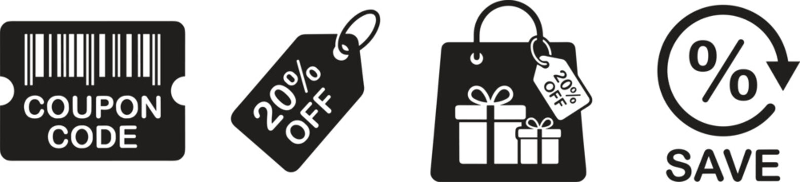 a set of shopping discount icons including coupon code, percentage off, and gift bag with a discount tag, flat design