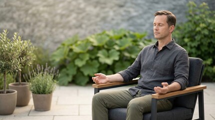 Obraz premium Man resting with eyes closed and palms on armrests shows structured outdoor calm mental reset and premium quiet luxury concept for lifestyle wellness and stock use daily