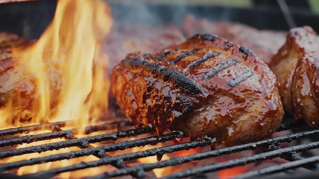 Sizzling meat steaks cooking on fiery barbecue grill