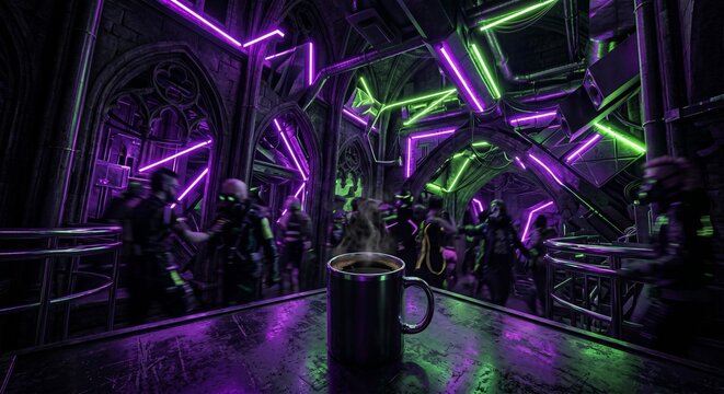 Cup of coffee in a cyber goth environment with purple neon lights