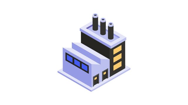 Building with chimney depicting power plant or industry animated icon in isometric style