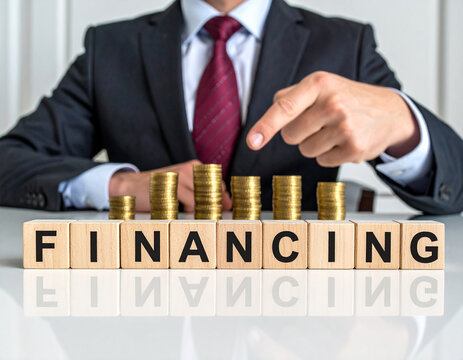Financing - Geschäftsmann zeigt auf das Wort "Financing"