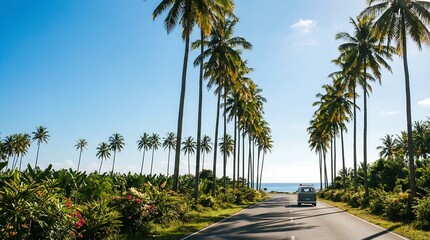Fototapeta premium Retro van driving on tropical road lined with tall palm trees. Scenic coastal journey toward blue ocean. Concept of summer travel, road trip adventure and freedom in exotic nature.