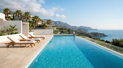 Fototapeta premium Infinity pool with lounge chair on terrace overlooking sea view. Modern resort architecture with ocean horizon. Luxury hotel outdoor recreation area during summer vacation travel destination.