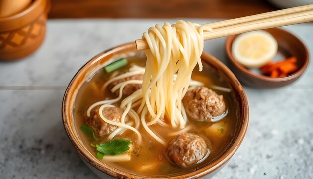Bakso &ndash; Comfort Food Style. Indonesian bakso meatball soup with noodles and beef meatballs in clear broth, served in ceramic bowl, realistic food photography 2