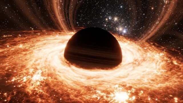 Black hole with glowing accretion disk in deep space, zooming out