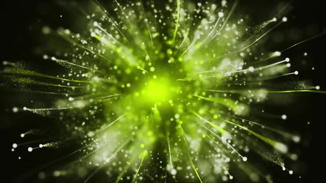Vibrant green particles burst from a radiant core