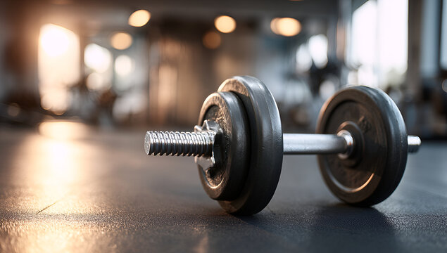 Dumbbell on gym floor with blurred background.