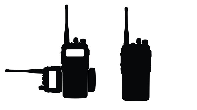 Two walkie talkies displayed against a white background silhouette