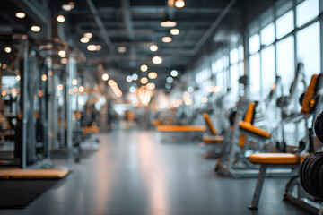 Fototapeta premium Blurred background of a modern gym with various exercise equipment and bright lighting.