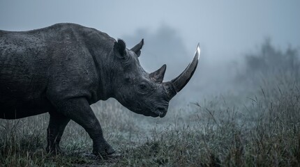 Obraz premium Black rhinoceros with blade horn emerging from mist dramatic wildlife fantasy concept