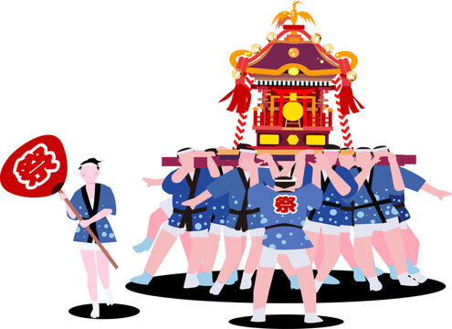 日本の夏祭り 神輿を担ぐ人々 ベクターイラスト（編集可能・レイヤー整理済・コピースペースあり）
