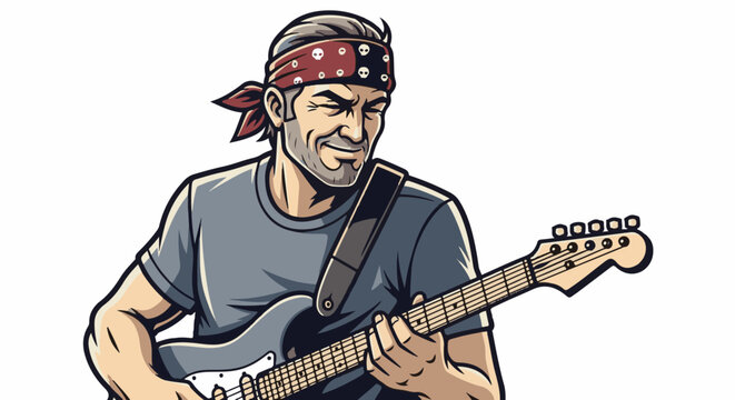 Man with bandana and electric guitar, playing music energetically