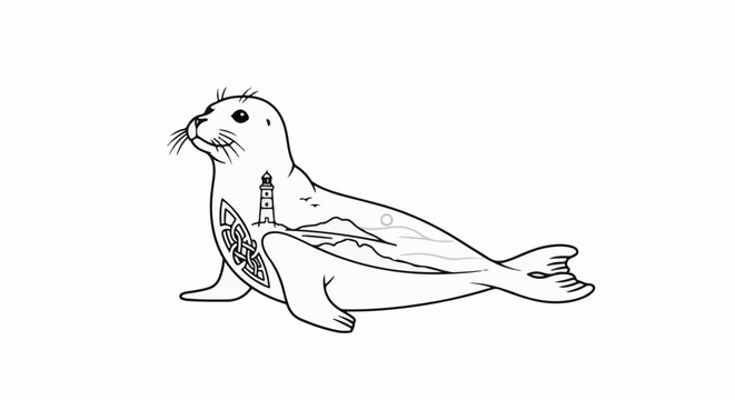 Line art of a seal containing a landscape with a lighthouse and knotwork