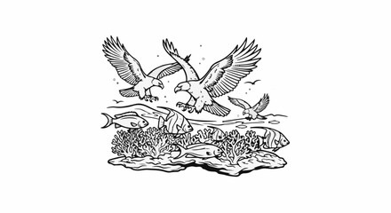 Fototapeta premium Majestic eagles soar above a vibrant coral reef teeming with fish