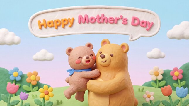 Two clay bears joyfully embrace under a 'Happy Mother's Day' message in a garden.
