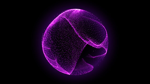 Purple Glowing Energy Orb. Particles 3D Sphere with Fluid Patterns. Vector Illustration. Abstract Technology Concept, Artificial Intelligence AI, Engineering, Big Data Concept.