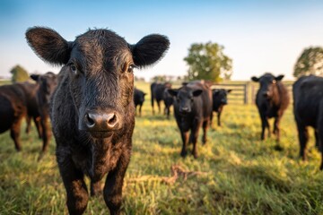Obraz premium Grazing Angus cattle in open field, foreground heifer under blue sky