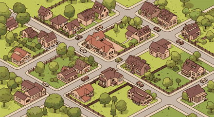 Fototapeta premium Isometric view of a suburban neighborhood with houses, trees, and roads