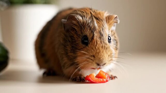 Cute guinea pig eating red bell pepper snack indoor. 4K Video.