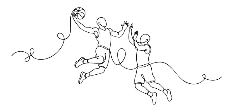 Continuous line drawing of two male basketball players jumping with action during a game. vector illustration