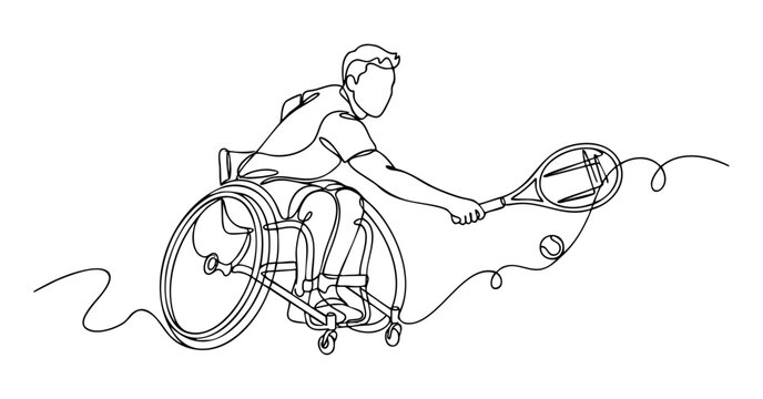 Male athlete playing wheelchair tennis, concept of inclusive sports and para-athletics in One line art style. vector illustration