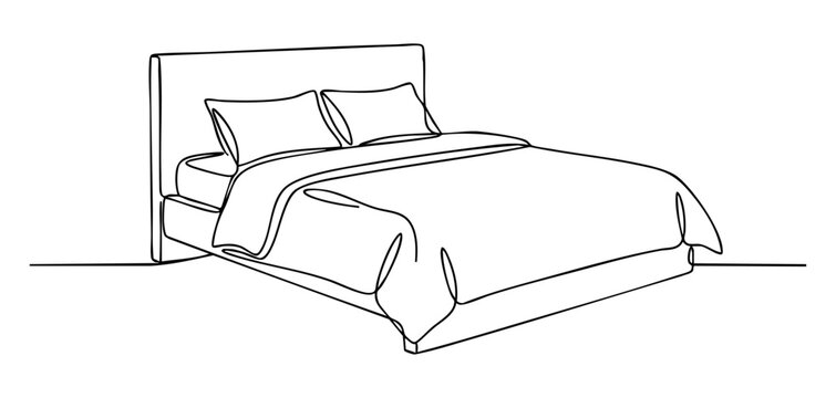 Minimalist line art illustration of a modern bedroom with large bed and pillows. vector