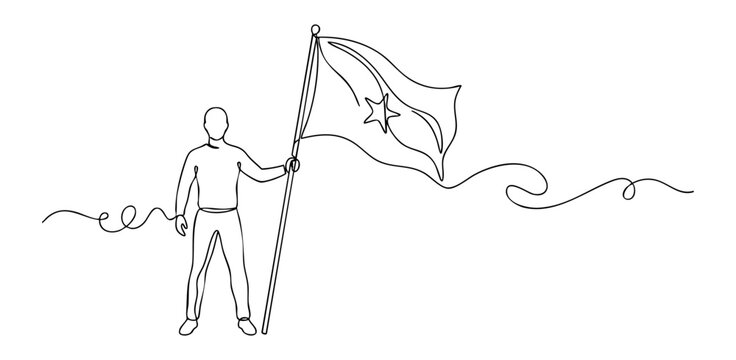 Minimalist line art illustration of a person standing with large waving flag, leadership and patriotism concept. vector