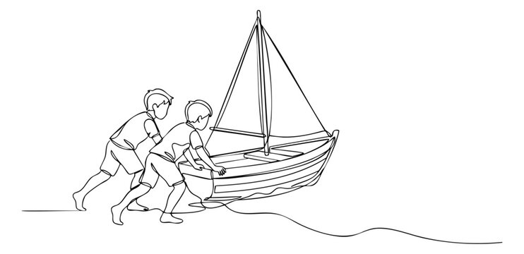 Minimalist line art of two boys pushing a sailboat into the water, childhood adventure. vector