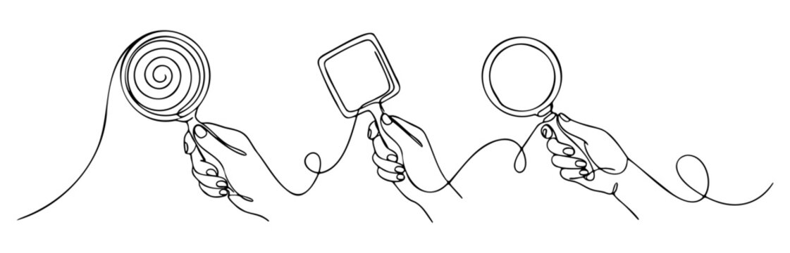 One line art of hands holding a lollipop, mirror and glass with discovery concept in minimalist line art illustration style. vector