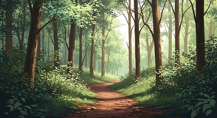 Obraz premium A serene forest path with sunlight filtering through the trees on a beautiful day