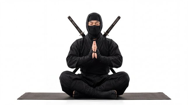 A black clad ninja sitting in a meditative lotus pose with two crossed swords on his back today