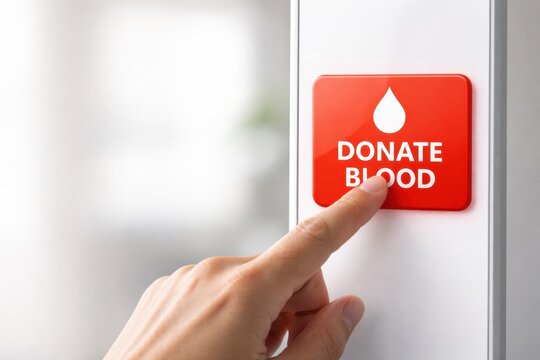 Finger pressing a red button with the words Donate Blood and a blood drop icon