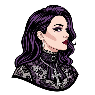 Gothic Woman Portrait, Elegant Lace Outfit, Purple Hair, Dark Makeup, Victorian Style